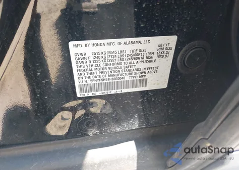 2017 Honda Pilot Ex-L из США, поврежденный, VIN 5FNYF5H51HB030040